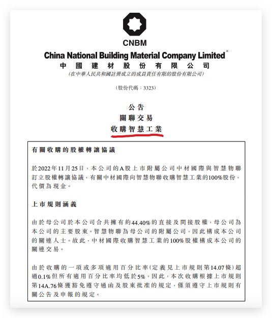 中国建材：A股母公司中材国际拟3.77亿元收购智慧工业100%股份