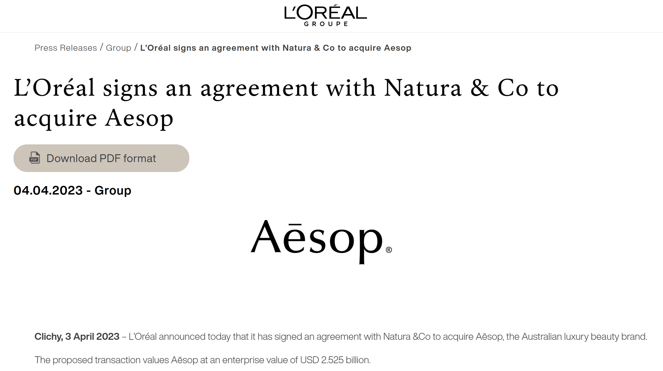 快讯｜欧莱雅耗资25.25亿美元收购Aesop，后者去年销售额5.37亿美元